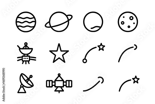 Outer Solar Missions Icons. Outline icon set of outer solar system missions: Jupiter, Saturn, Neptune, Uranus,