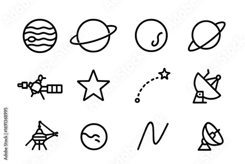 Outer Solar Missions Icons. Outline icon set of outer solar system missions: Jupiter, Saturn, Neptune, Uranus,