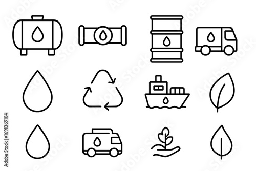 Fuel Storage Icons. Outline icon set of fuel storage and transport: fuel tank, pipeline, barrel, truck,