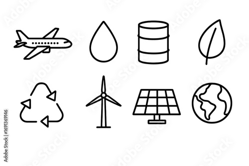 Sustainable Aviation Icons. Outline icon set of sustainable aviation fuels: airplane, fuel droplet, barrel,