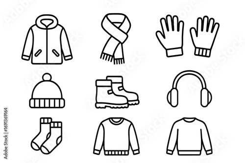 Winter Clothing Icons. Outline icon set of warm clothing and accessories: winter coat, scarf, gloves, wool hat