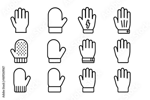 Hand Protection Icons. Outline icon set of hand protection: gloves, mittens, touchscreen gloves, leather