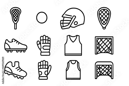 Lacrosse Icon Grid. Outline icon set of Lacrosse: lacrosse stick, ball, helmet, net, cleats, gloves, jersey,