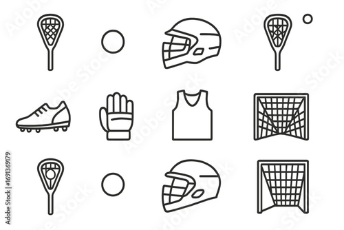 Lacrosse Icon Grid. Outline icon set of Lacrosse: lacrosse stick, ball, helmet, net, cleats, gloves, jersey,