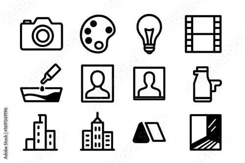 Photography Icon Set. Outline icon set of Black and white photography: camera, monochrome palette, light bulb,