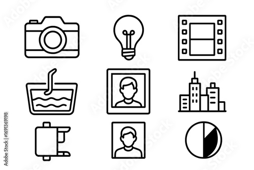 Photography Icon Set. Outline icon set of Black and white photography: camera, monochrome palette, light bulb,