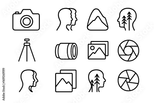 Double Exposure Icons. Outline icon set of Double exposure photography: camera, overlapping faces, mountain