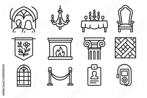 Grand Hall Icons Set. Outline icon set of Grand halls & interiors: couple admiring vaulted ceiling, chandelier, banquet table,