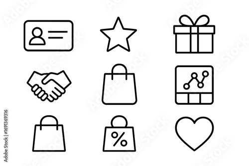 Loyalty Program Icons. Outline icon set of customer loyalty programs: membership card, star, discount tag,