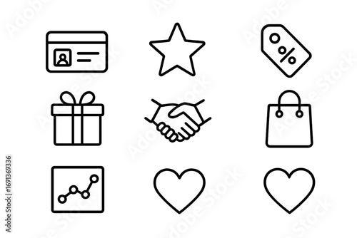 Loyalty Program Icons. Outline icon set of customer loyalty programs: membership card, star, discount tag,
