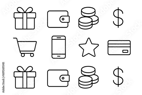 Gift Rewards Icons. Outline icon set of gift and cashback rewards: gift box, wallet, coin stack, dollar sign,