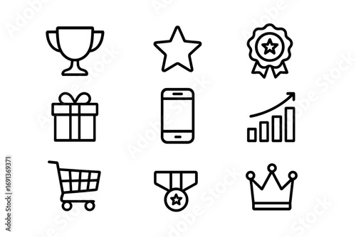 Gamified Loyalty Icons. Outline icon set of gamified loyalty: trophy, star, badge, gift box, smartphone, chart