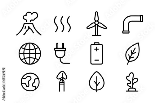 Geothermal Energy Icons. Outline icon set of geothermal energy: volcano, heat waves, turbine, pipeline, globe,