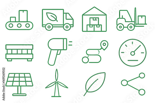 Green Supply Chain Icons. Outline icon set of green supply chain management: conveyor belt, eco truck, warehouse, forklift, pallet