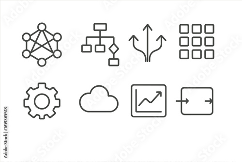 Hybrid AI Icon Set. Outline icon set of hybrid AI systems: neural network, decision tree, arrows, dataset,
