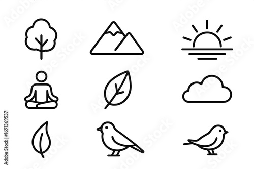 Nature's Quiet Essence. Outline icon set of the quiet power of nature inspiring personal reflection: tree,
