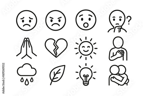 Grief Emotion Icons. Outline icon set of emotional stages of grief: sad face, angry face, shocked face, questioning face, praying