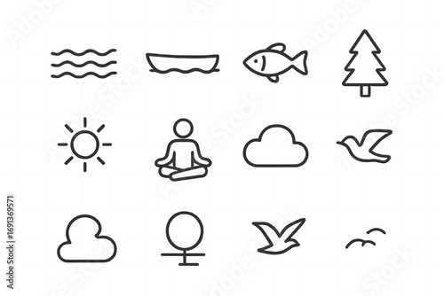 Lakeside Serenity Icons. Outline icon set of lakeside calm: water ripple, boat, fish, tree, sun, meditating