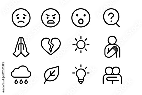 Grief Emotion Icons. Outline icon set of emotional stages of grief: sad face, angry face, shocked face, questioning face, praying