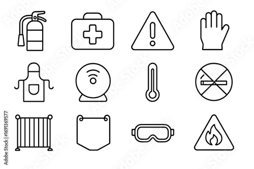 Grilling Safety Icons. Outline icon set of grilling safety: fire extinguisher, first aid kit, warning triangle, safety glove,