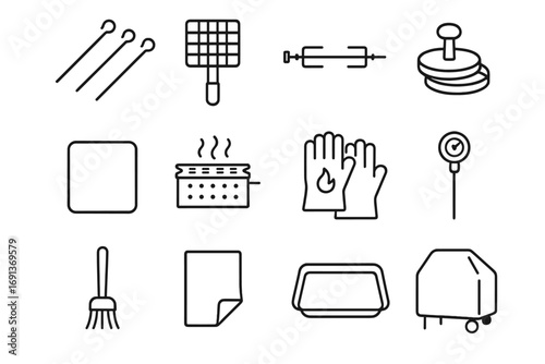 Grilling Tools Icons. Outline icon set of grilling accessories: skewers, grill basket, rotisserie rod, burger press, grill mat,