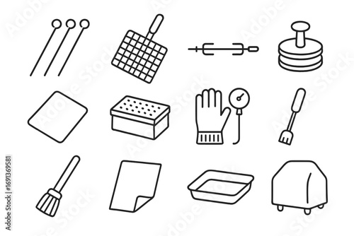 Grilling Tools Icons. Outline icon set of grilling accessories: skewers, grill basket, rotisserie rod, burger press, grill mat,