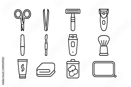 Grooming Tools Icons. Outline icon set of grooming tools by vanity: scissors, tweezers, razor, nail clippers, nail file, cuticle