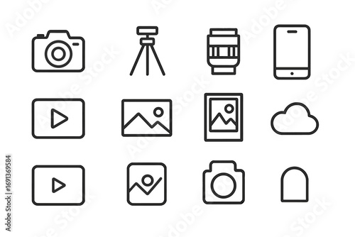Photography Icon Set. Outline icon set of a person watching a tutorial video on a new hobby or skill: laptop,