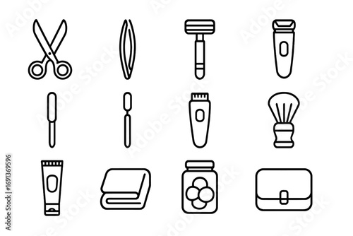 Grooming Tools Icons. Outline icon set of grooming tools by vanity: scissors, tweezers, razor, nail clippers, nail file, cuticle