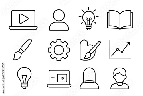 Hobby Learning Icons. Outline icon set of a person watching a tutorial video on a new hobby or skill: laptop,