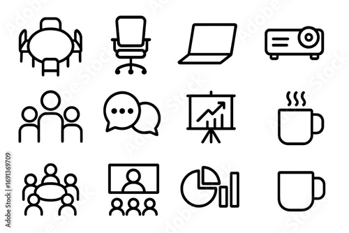 Office Meeting Icons. Outline icon set of modern office meeting: roundtable, chairs, laptop, projector, group