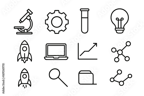 Innovation Lab Icons. Outline icon set of innovation labs: microscope, gear, test tube, light bulb, rocket,