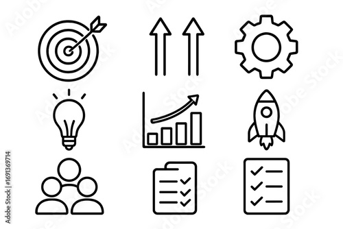 Innovation Icons Grid. Outline icon set of innovation strategy planning: target, arrows, gear, light bulb,