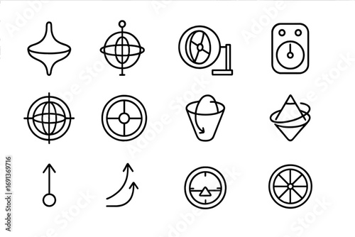 Gyroscope Icon Set. Outline icon set of Gyroscopes & angular momentum: spinning top, classic gyroscope, reaction wheel, IMU sensor