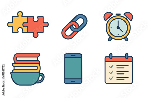 Habit Stacking Icons. Flat vector mini-illustrations Habit stacking for learning in colors children’s illustrations: puzzle pieces