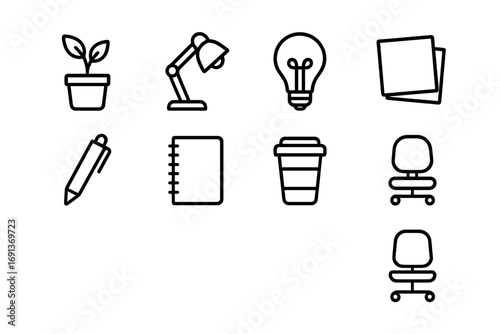 Office Creativity Icons. Outline icon set of office creativity boosters: plant, lamp, light bulb, sticky notes