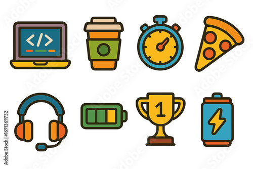 Hackathon Essentials Icons. Flat vector mini-illustrations Hackathon coding marathon in colors children's illustrations: laptop