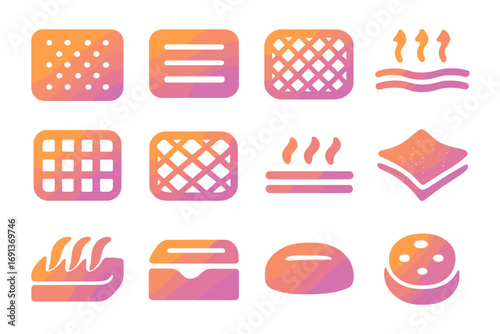 Hamper Lid Ventilation Icons. Gradient icons set of hamper lid ventilation features: perforated lid, slotted vents, mesh panel,