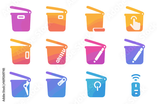 Hamper Lid Mechanisms. Gradient icons set of hamper lid opening mechanisms: pull handle, push-button hinge, foot pedal, touch