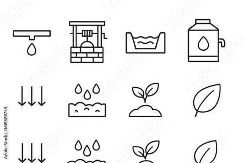 Water Conservation Icons. Outline icon set of water conservation in farming: irrigation drop, well, canal,