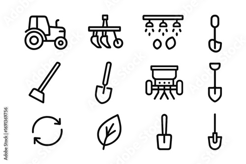 Sustainable Agriculture Icons. Outline icon set of sustainable agriculture tools: tractor, plow, irrigation