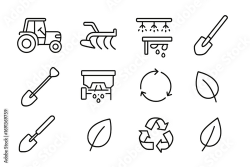 Sustainable Agriculture Icons. Outline icon set of sustainable agriculture tools: tractor, plow, irrigation