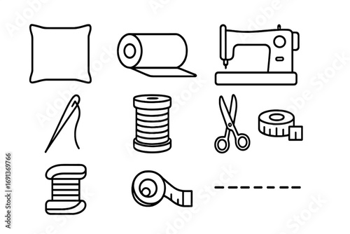 Sewing Tool Icons. Outline icon set of pillowcase seam: pillow, fabric roll, sewing machine, needle, thread