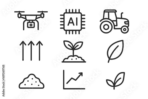 Future Farming Icons. Outline icon set of future farming innovations: drone, AI chip, tractor, arrows, plant