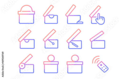 Hamper Lid Mechanisms. Gradient icons set of hamper lid opening mechanisms: pull handle, push-button hinge, foot pedal, touch