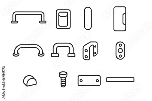 Handle Styles Icon Set. Outline icon set of handle styles and fittings: bar handle, recessed pull, pocket handle, integrated