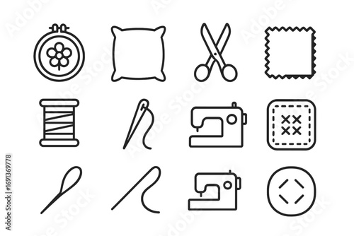 Textile Craft Icons. Outline icon set of textile crafting: embroidery hoop, pillow, scissors, fabric swatch,