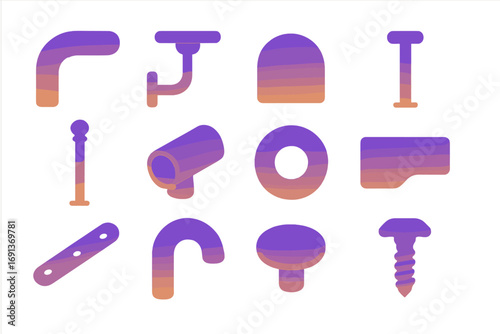 Handrail Icons Set. Gradient icons set of stair and ramp handrails: curved handrail, bracket mount, end cap, support post,