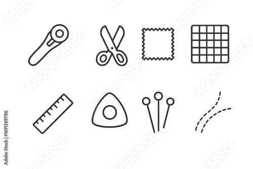 Fabric Cutting Tools. Outline icon set of fabric cutting techniques: rotary cutter, scissors, fabric swatch,