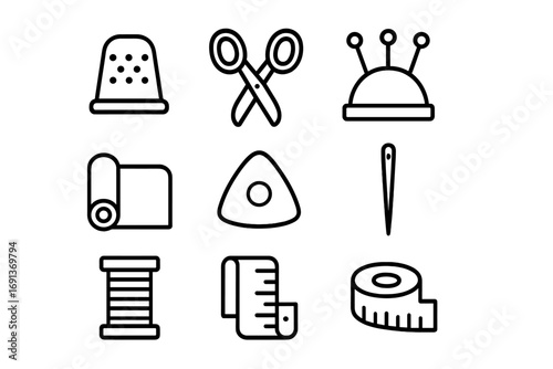 Sewing Tools Icon Set. Outline icon set of home sewing tools: thimble, scissors, pins, fabric roll, chalk,